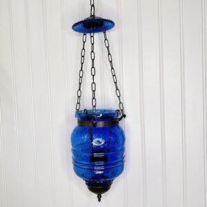 Antique Hanging Blue Glass Bell Jar Candle Light Lantern Pendant Bell Vintage